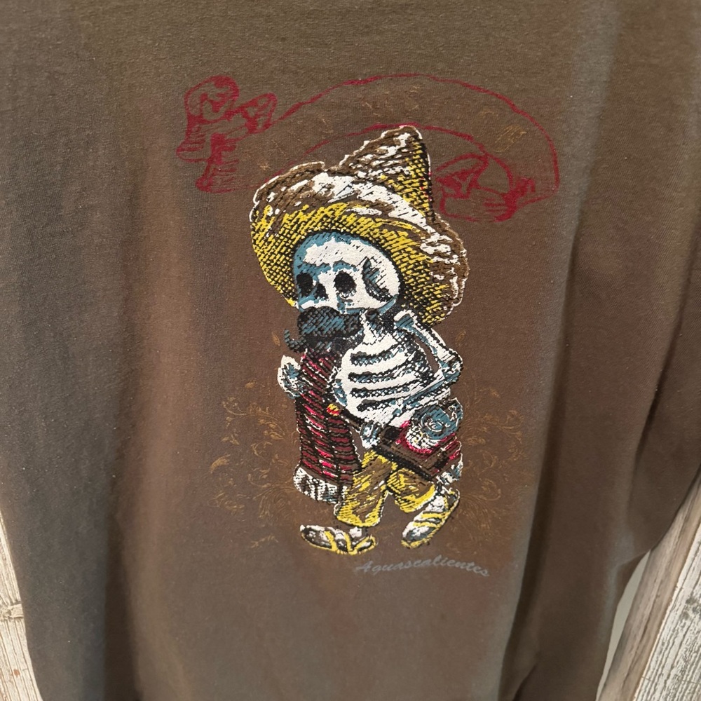 Aguascalientes Skeleton Mexico Folk Art Brown T-Shirt XL Vintage‎ Style - Picture 2 of 8